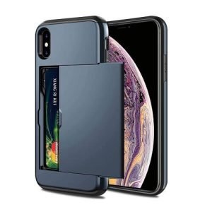 For Apple iPhone XS Max Shockproof Card Slot Wallet Heavy Duty Case Tough 360 Case Cover (Blue)