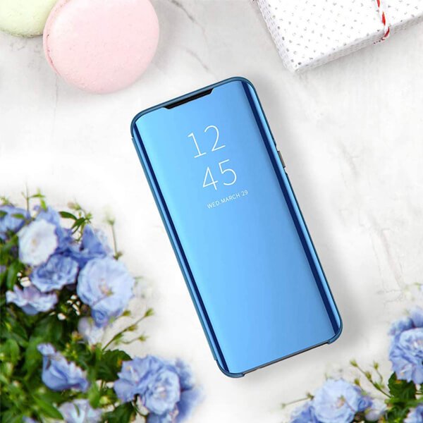 For Samsung Galaxy A8 2018 Luxury Mirror View Flip PU Shockproof Protective Case Cover (Blue)