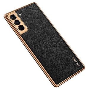 For Samsung Galaxy S21 Plus Soft Leather Shockproof Luxury Stream Plating Elegant Case Cover (Black)