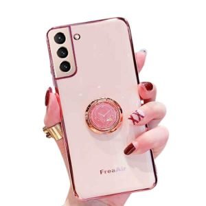 For Samsung Galaxy S21 Ring Case Shockproof Luxury Stream Plating Elegant Cover Case (Pink)