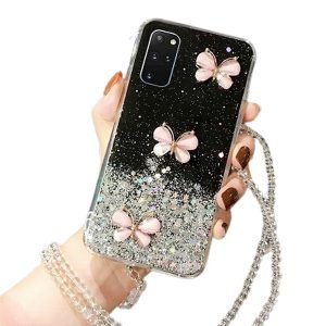 For Smasung Galaxy S20 Plus Smart Shockproof Glitter Crystal butterfly Wrist Strap Case Cover (Black)