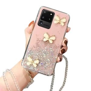 For Smasung Galaxy S20 Ultra Smart Shockproof Glitter Crystal butterfly Wrist Strap Case Cover (Pink)