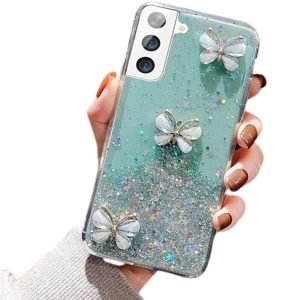 For Smasung Galaxy S21 Smart Shockproof Glitter Crystal butterfly Wrist Strap Case Cover (Green)