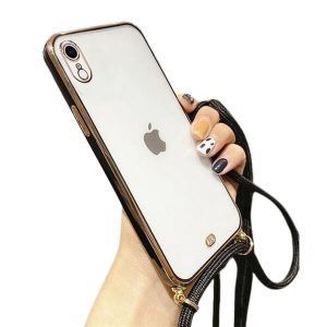 For iPhone XR Luxury Stream Electro Plating With Chain Elegant Case Cover (Black)
