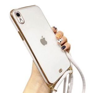 For iPhone XR Luxury Stream Electro Plating With Chain Elegant Case Cover (White)