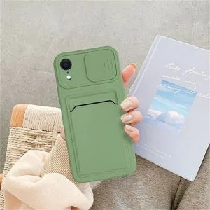 For Apple iPhone XR Smart Shockproof Slide Camera Protector Card Slots Wallet Case Cover (Green)