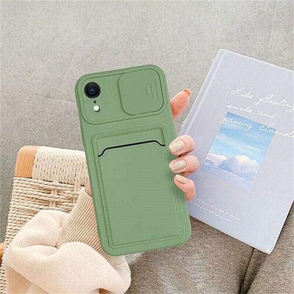 For Apple iPhone XR Smart Shockproof Slide Camera Protector Card Slots Wallet Case Cover (Green)