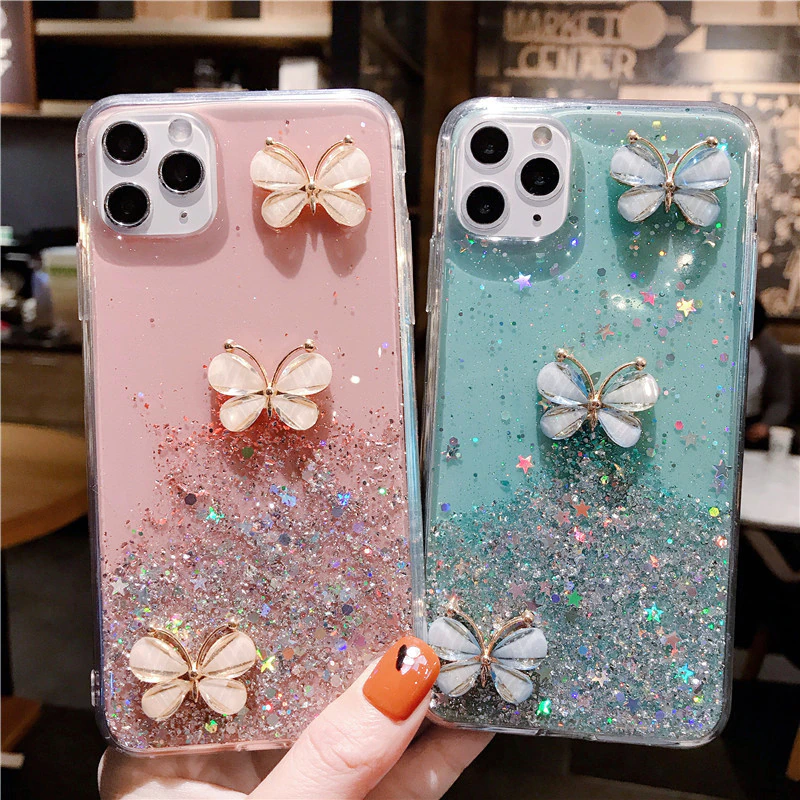 For Apple iPhone 12 Pro Smart Shockproof Glitter Crystal butterfly Wrist Strap Case Cover (Pink) - Image 6