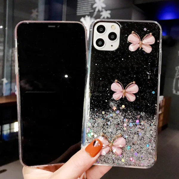 For Apple iPhone 8 Smart Shockproof Glitter Crystal butterfly Wrist Strap Case Cover (Black) - Image 10