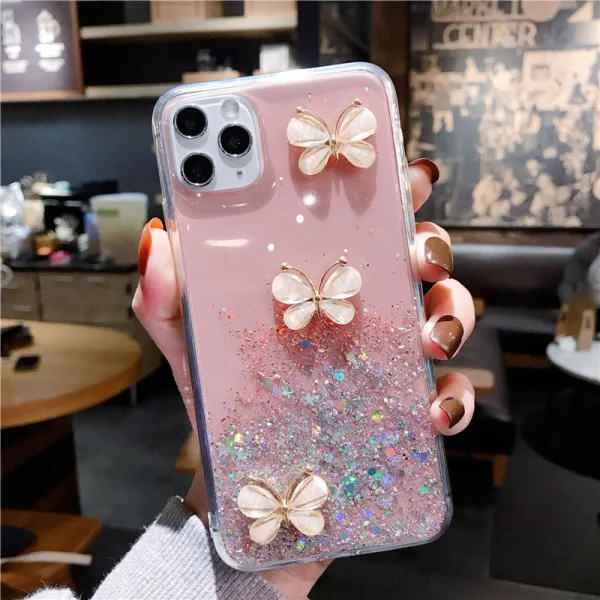 For Apple iPhone 11 Pro Max Smart Shockproof Glitter Crystal butterfly Wrist Strap Case Cover (Pink) - Image 6