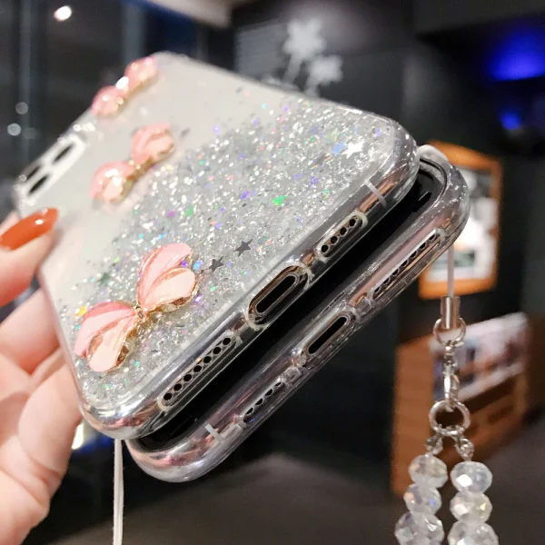For Apple iPhone 8 Smart Shockproof Glitter Crystal butterfly Wrist Strap Case Cover (Black) - Image 3