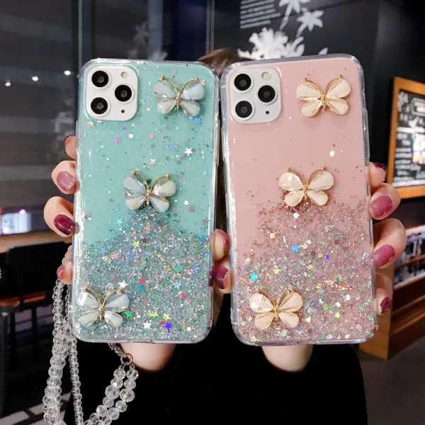 For Apple iPhone 8 Smart Shockproof Glitter Crystal butterfly Wrist Strap Case Cover (Green) - Image 2
