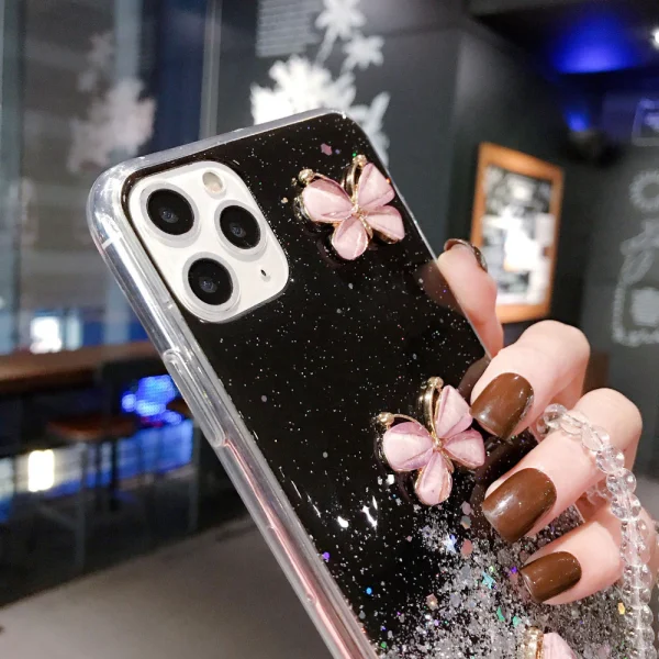 For Apple iPhone 8 Smart Shockproof Glitter Crystal butterfly Wrist Strap Case Cover (Black) - Image 2