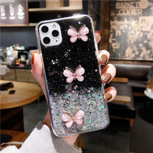 For Apple iPhone 11 Pro Max Smart Shockproof Glitter Crystal butterfly Wrist Strap Case Cover (Black) - Image 4