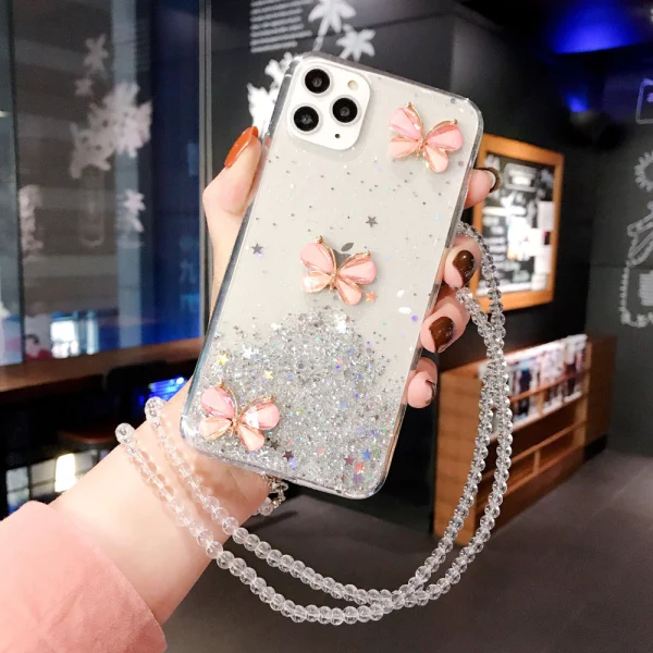 For Apple iPhone 11 Smart Shockproof Glitter Crystal butterfly Wrist Strap Case Cover (White) - Image 6