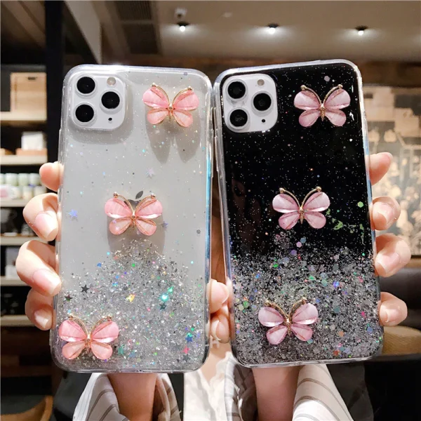 For Apple iPhone 8 Smart Shockproof Glitter Crystal butterfly Wrist Strap Case Cover (Black) - Image 7
