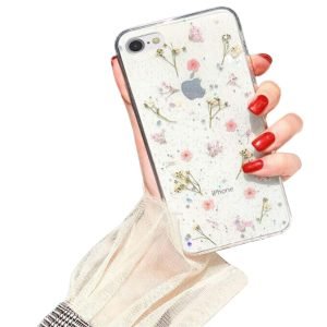 For Apple iPhone SE 2020 Blue Smart Shockproof Dry Flower Glitter TPU Cover Case (Pink)