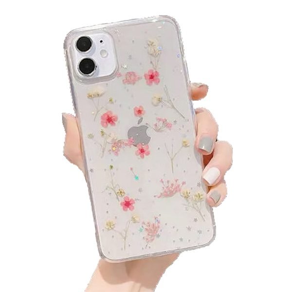 For Apple iPhone 11 Smart Shockproof Dry Flower Glitter Life Proof TPU Cover Case (Pink)