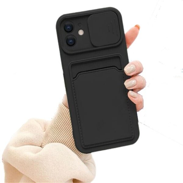 For Apple iPhone 11 Smart Shockproof Slide Camera Protector Card Slots Wallet Case Cover (Black)