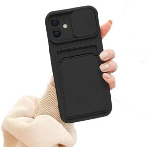 For Apple iPhone XR Smart Shockproof Slide Camera Protector Card Slots Wallet Case Cover (Black)