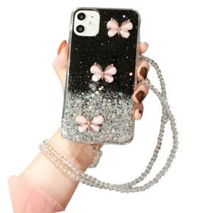 For Apple iPhone 11 Smart Shockproof Glitter Crystal butterfly Wrist Strap Case Cover (Black)