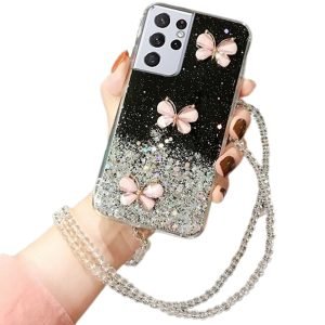 For Samsung Galaxy S21 Ultra Smart Shockproof Glitter Crystal butterfly Wrist Strap Case Cover (Black)