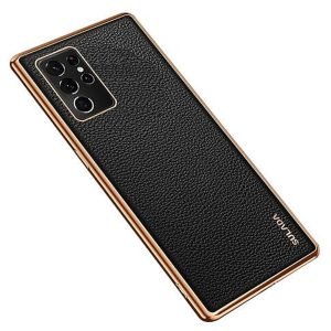For Samsung Galaxy S21 Ultra Soft Leather Shockproof Luxury Stream Plating Elegant Case Cover (Black)