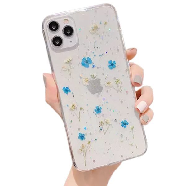 For Apple iPhone 11 Pro Max Blue Smart Shockproof Dry Flower Glitter TPU Cover Case (Blue)