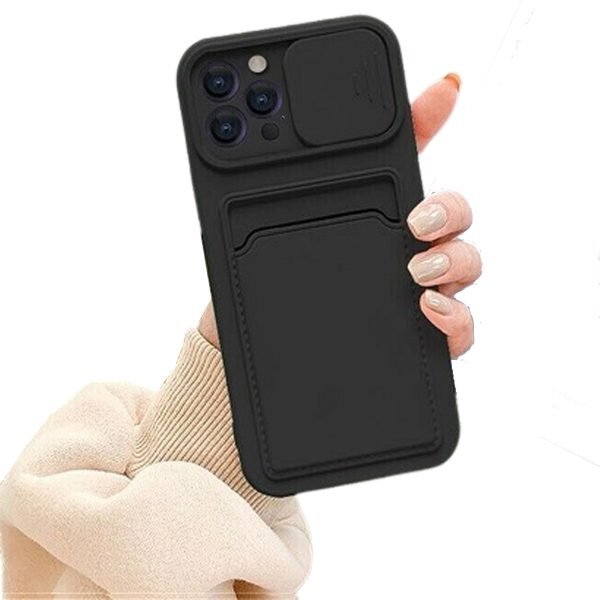 For Apple iPhone 11 Pro Max Smart Shockproof Slide Camera Protector Card Slots Wallet Case Cover (Black)