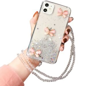 For Apple iPhone 12 Smart Shockproof Glitter Crystal butterfly Wrist Strap Case Cover (White)