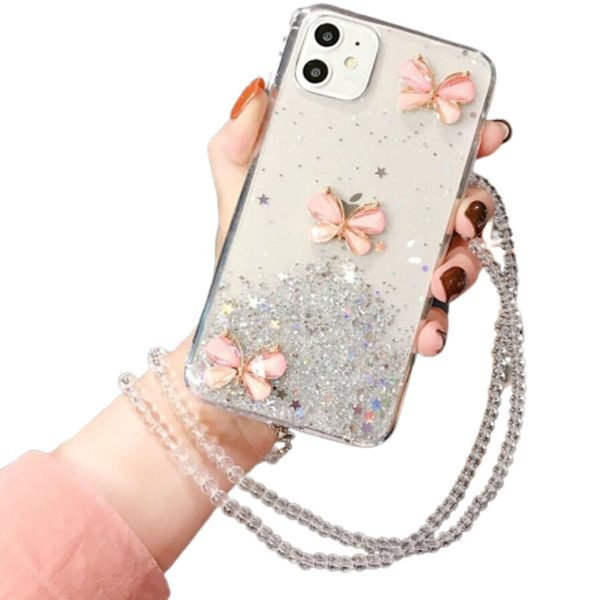 For Apple iPhone 12 Smart Shockproof Glitter Crystal butterfly Wrist Strap Case Cover (White)