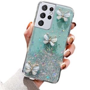 For Samsung Galaxy S21 Ultra Smart Shockproof Glitter Crystal butterfly Wrist Strap Case Cover (Green)