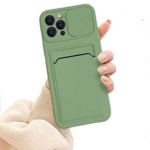 For Apple iPhone 12 Pro max Smart Shockproof Slide Camera Protector Card Slots Wallet Case Cover (Green)
