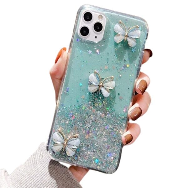 For Apple iPhone 12 Pro Smart Shockproof Glitter Crystal butterfly Wrist Strap Case Cover (Green)