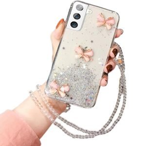 For Smasung Galaxy S21 Smart Shockproof Glitter Crystal butterfly Wrist Strap Case Cover (White)