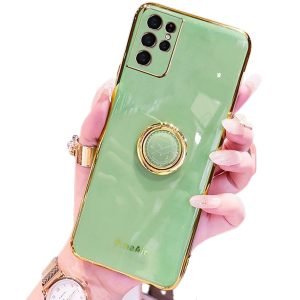 For Samsung Galaxy S21 Ultra Ring Case Shockproof Luxury Stream Plating Elegant Cover Case (Green)