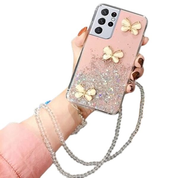 For Samsung Galaxy S21 Ultra Smart Shockproof Glitter Crystal butterfly Wrist Strap Case Cover (Pink)