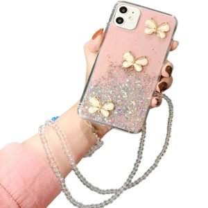 For Apple iPhone 12 Smart Shockproof Glitter Crystal butterfly Wrist Strap Case Cover (Pink)