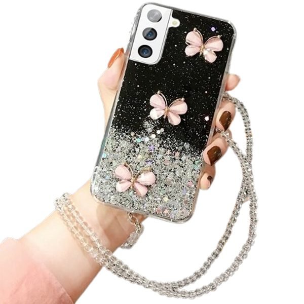 For Samsung Galaxy S21 5G Case Smart Shockproof Glitter Crystal butterfly Wrist Strap Case Cover (Black)