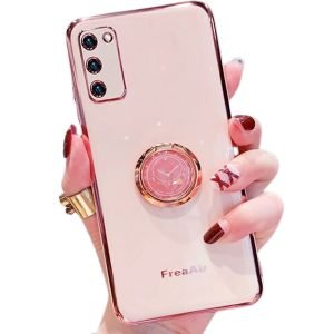 For Samsung Galaxy S20 Plus Ring Case Shockproof Luxury Stream Plating Elegant Cover Case (Pink)