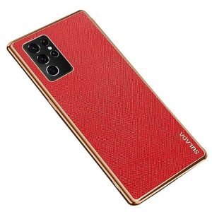 For Samsung Galaxy S21 Ultra Soft Leather Shockproof Luxury Stream Plating Elegant Case Cover (Red)