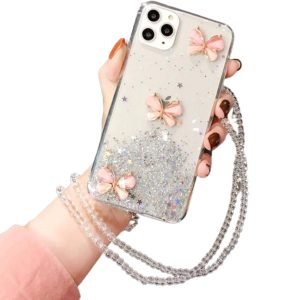 For Apple iPhone 11 Pro Smart Shockproof Glitter Crystal butterfly Wrist Strap Case Cover (White)