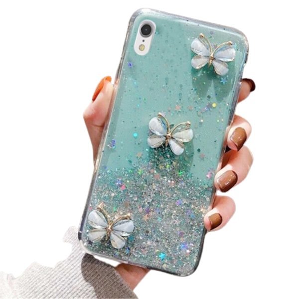 For Apple iPhone XR Smart Shockproof Glitter Crystal butterfly Wrist Strap Case Cover (Green)