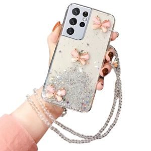 For Smasung Galaxy S21 Ultra Smart Shockproof Glitter Crystal butterfly Wrist Strap Case Cover (White)