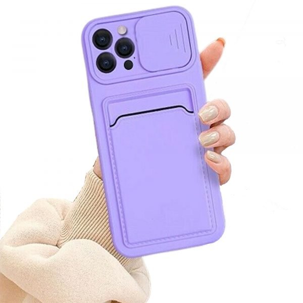 For Apple iPhone 12 Pro Smart Shockproof Slide Camera Protector Card Slots Wallet Case Cover (Purple)