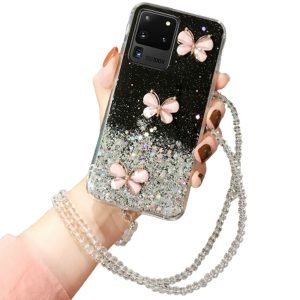 For Smasung Galaxy S20 Ultra Smart Shockproof Glitter Crystal butterfly Wrist Strap Case Cover (Black)