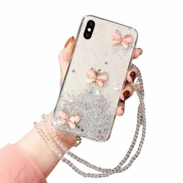 For Apple iPhone XR Smart Shockproof Glitter Crystal butterfly Wrist Strap Case Cover (White)