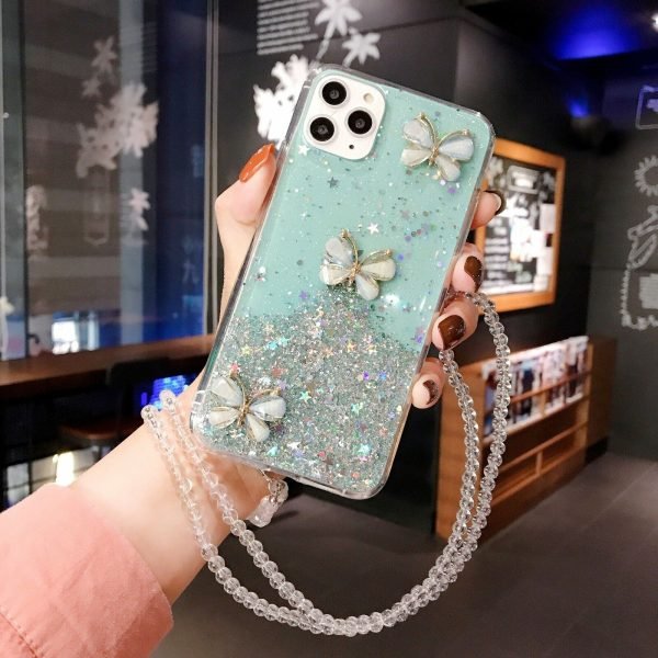 For Apple iPhone 8 Smart Shockproof Glitter Crystal butterfly Wrist Strap Case Cover (Green) - Image 6