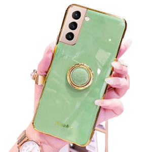 For Samsung Galaxy S21 Plus Ring Case Shockproof Luxury Stream Plating Elegant Cover Case (Green)