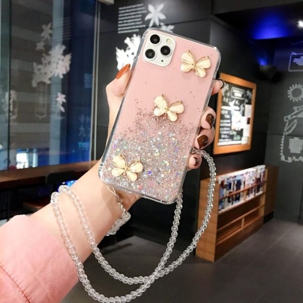 For Apple iPhone 11 Pro Max Smart Shockproof Glitter Crystal butterfly Wrist Strap Case Cover (Pink) - Image 4